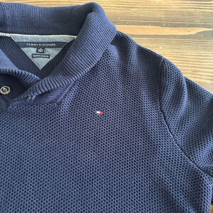 Men’s Tommy Hilfiger Navy Zip-Up Sweater XL Pima Cotton Merino Wool Knit Winter